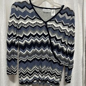 Alfred Dunner V-Neck Chevron Sweater - Blue, Gray, and White